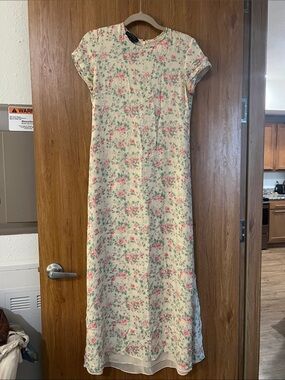 Ralph Lauren Silk Cream Floral Maxi Dress with Pink & Green Print